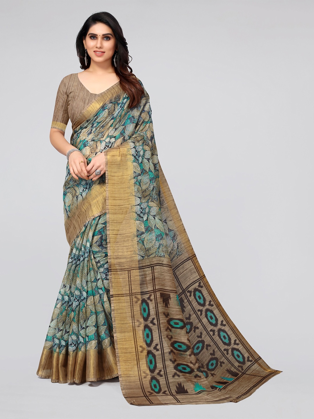 

KALINI Blue & Beige Floral Zari Saree
