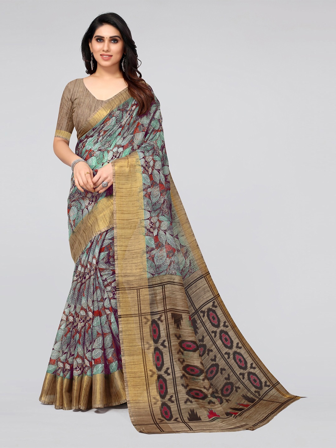 

KALINI Brown & Red Floral Saree