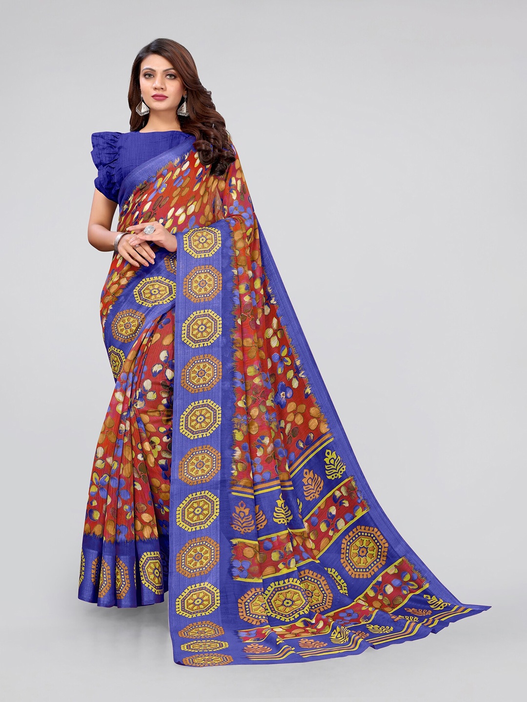 

KALINI Red & Blue Floral Zari Saree