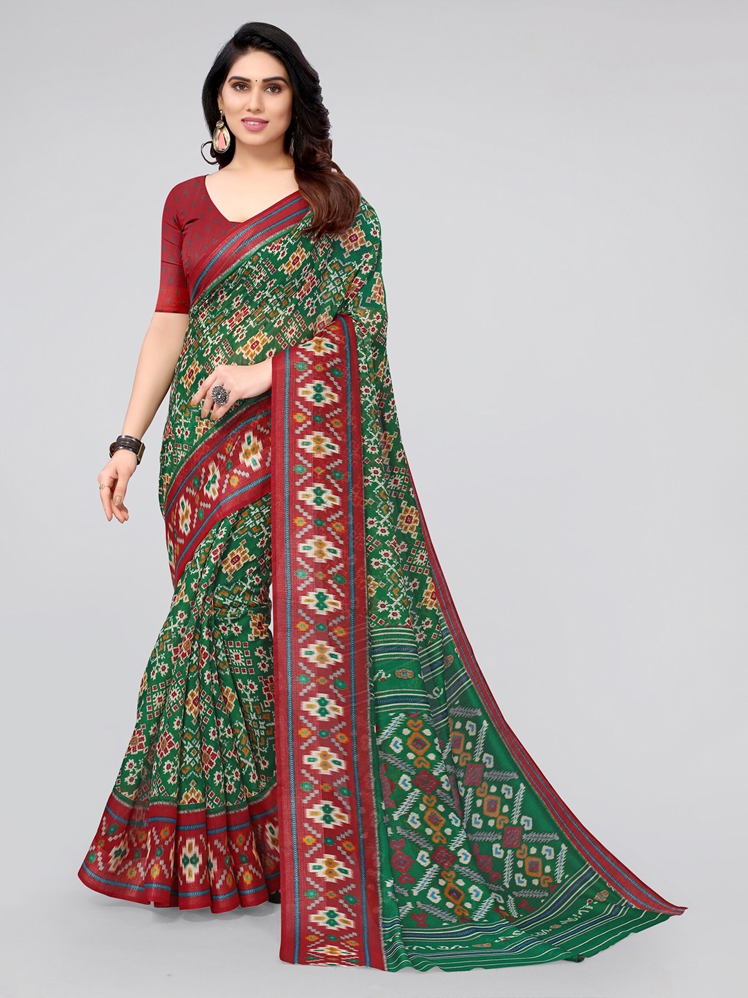 

KALINI Green & Red Floral Ikat Saree