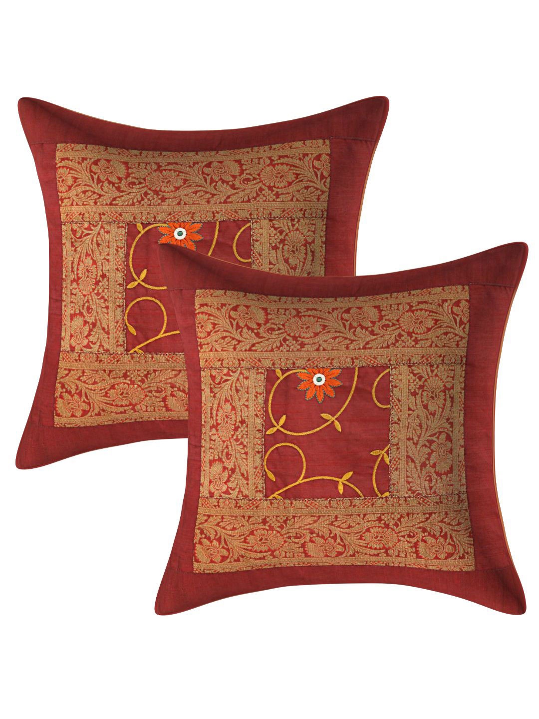 

INDHOME LIFE Maroon & Yellow Set of 2 Floral Square Cushion Covers
