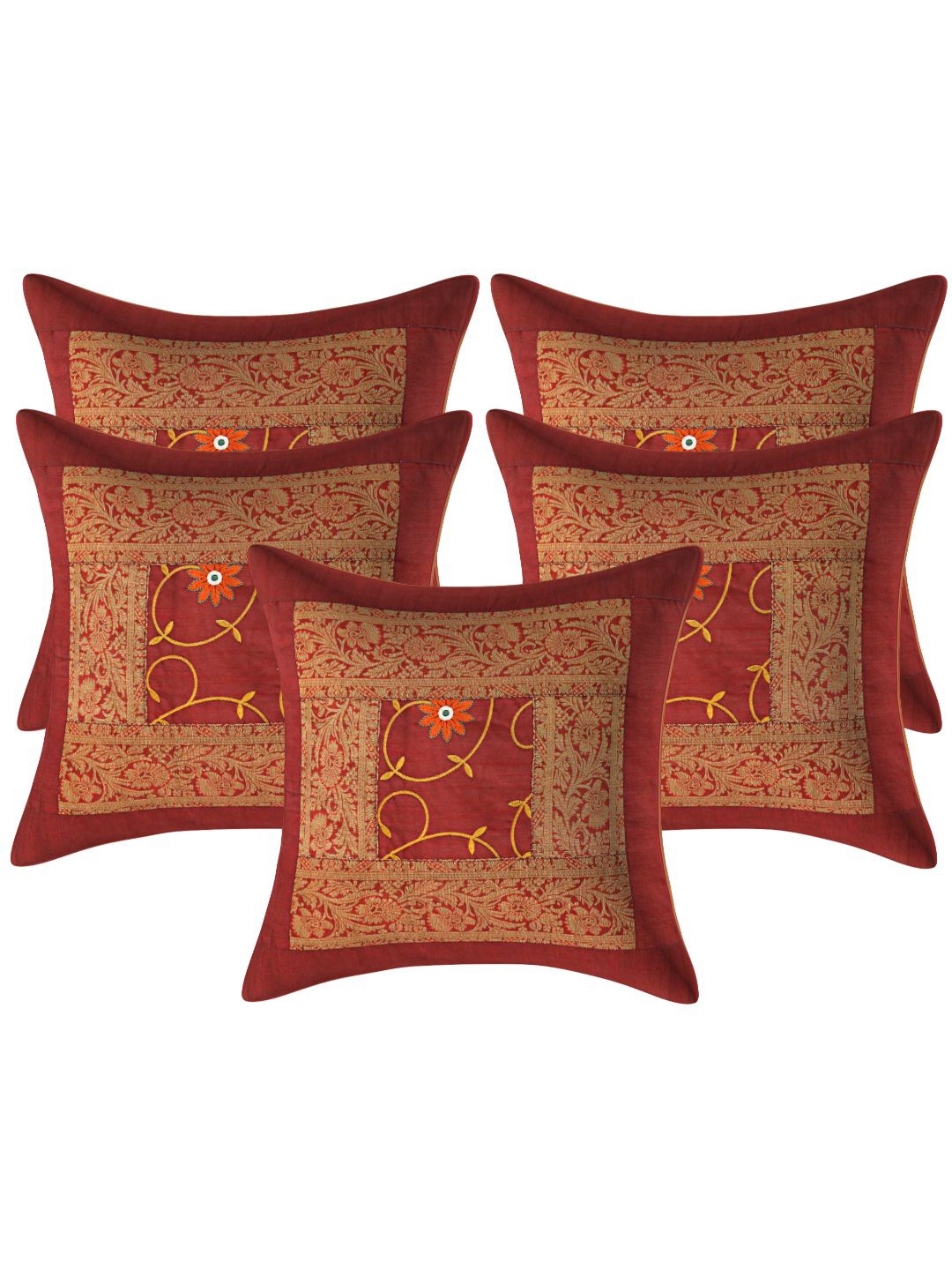 

INDHOME LIFE Maroon & Orange Set of 5 Floral Square Cushion Covers