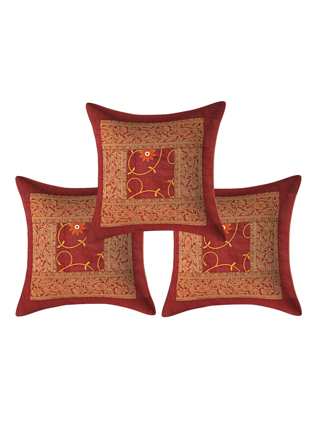 

INDHOME LIFE Maroon & Orange Set of 3 Floral Square Cushion Covers