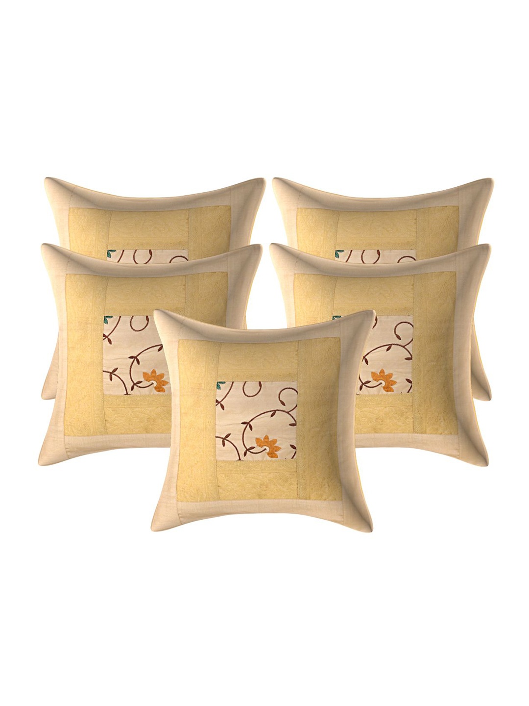 

INDHOME LIFE Peach-Coloured & Brown Set of 5 Floral Square Cushion Covers