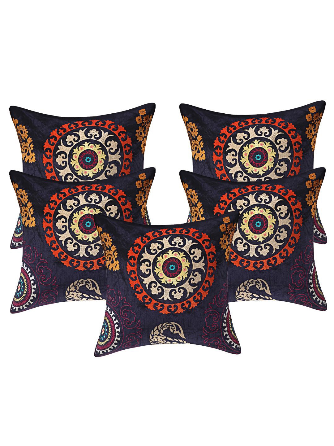 

INDHOME LIFE Blue & Orange Set of 5 Floral Square Cushion Covers