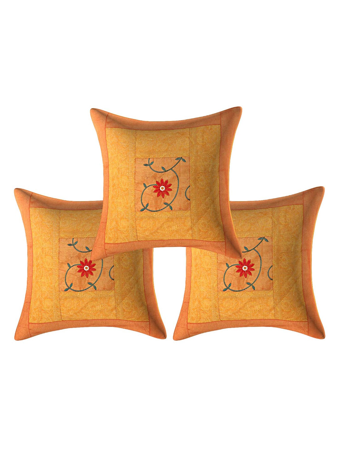 

INDHOME LIFE Mustard & Red Set of 3 Floral Square Cushion Covers