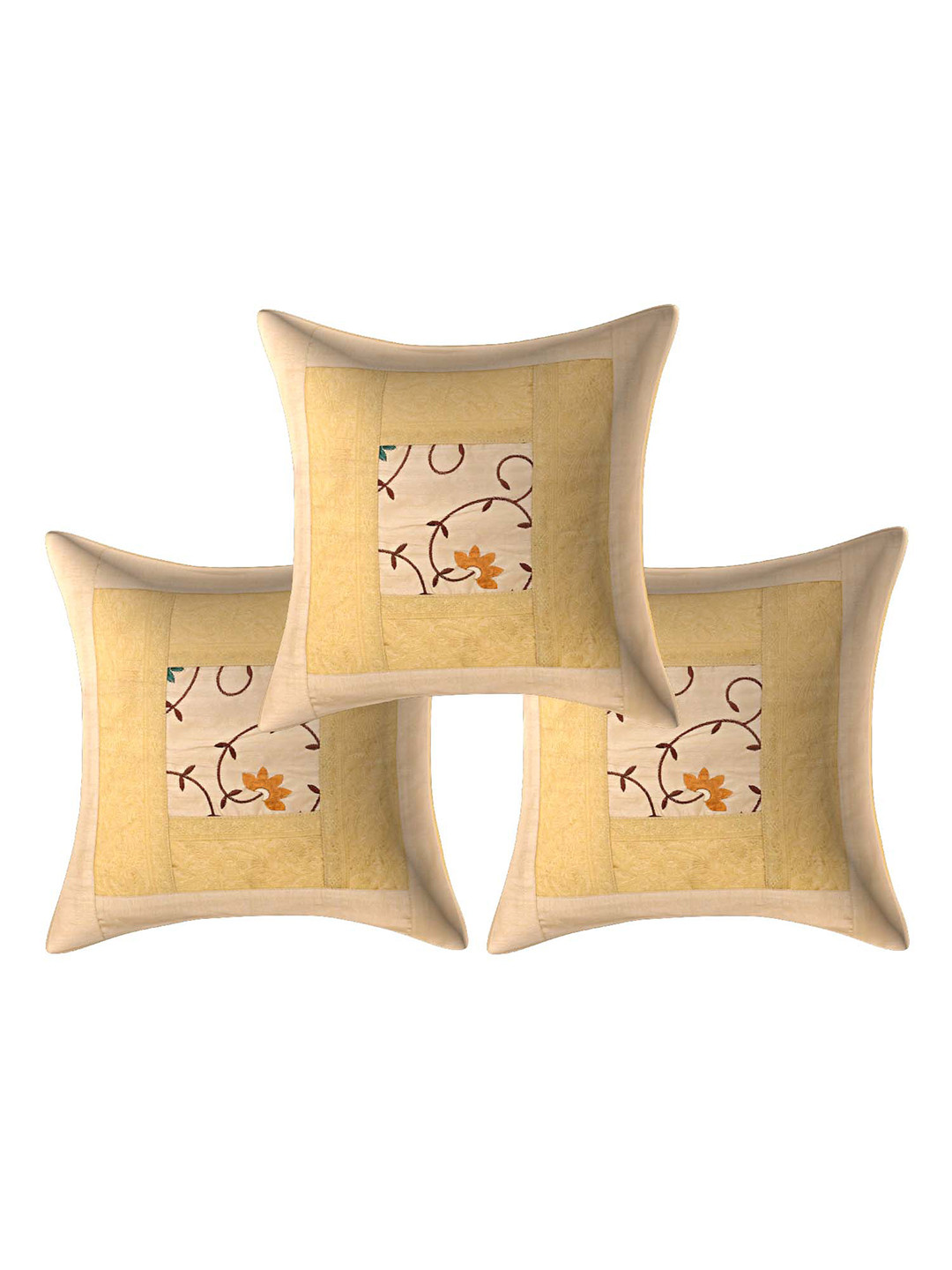 

INDHOME LIFE Pack of 3 Beige & Orange Embroidered Square Cushion Covers