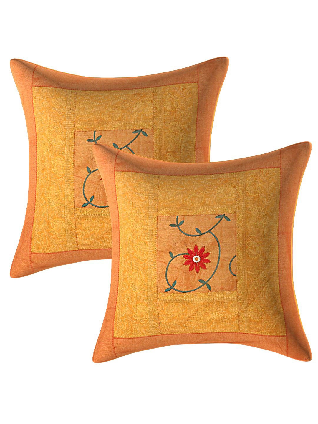 

INDHOME LIFE Pack of 2 Beige & Red Embroidered Square Cushion Covers