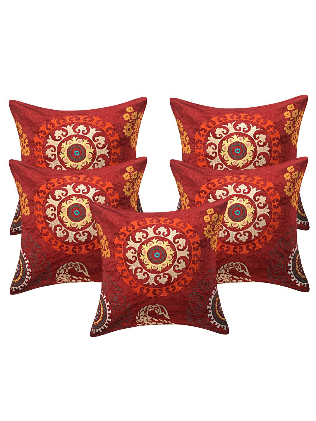 

INDHOME LIFE Red & Yellow Set of 5 Floral Square Cushion Covers