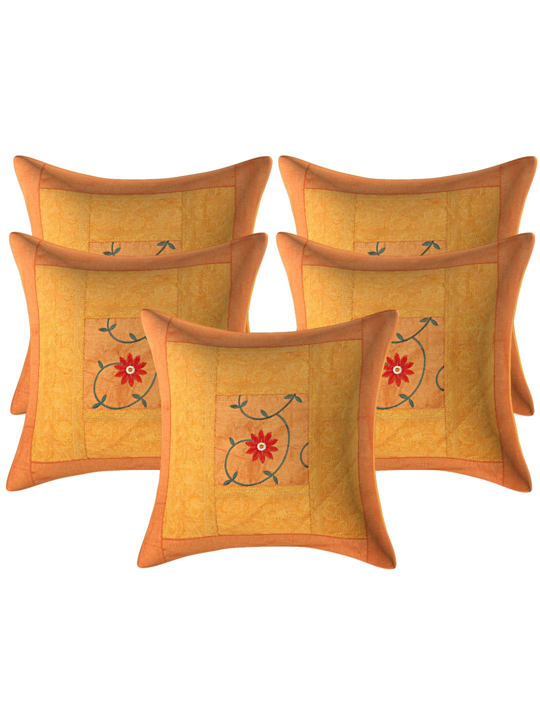 

INDHOME LIFE Orange & Mustard Set of 5 Floral Square Cushion Covers