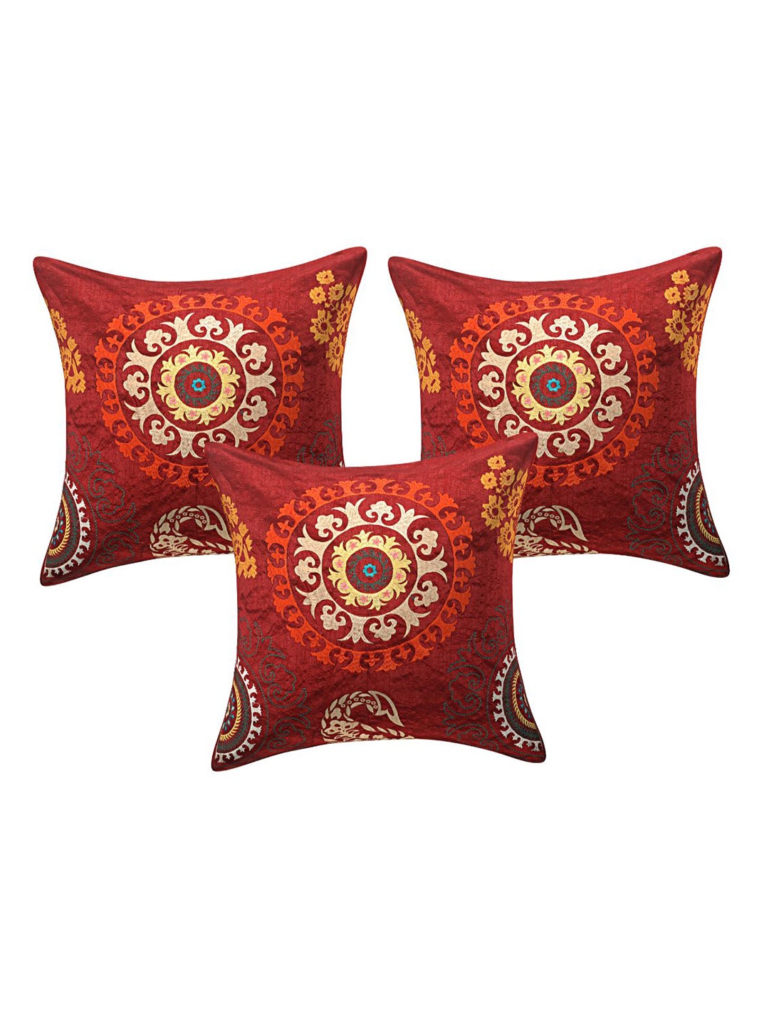 

INDHOME LIFE Maroon & Orange Set of 3 Floral Square Cushion Covers