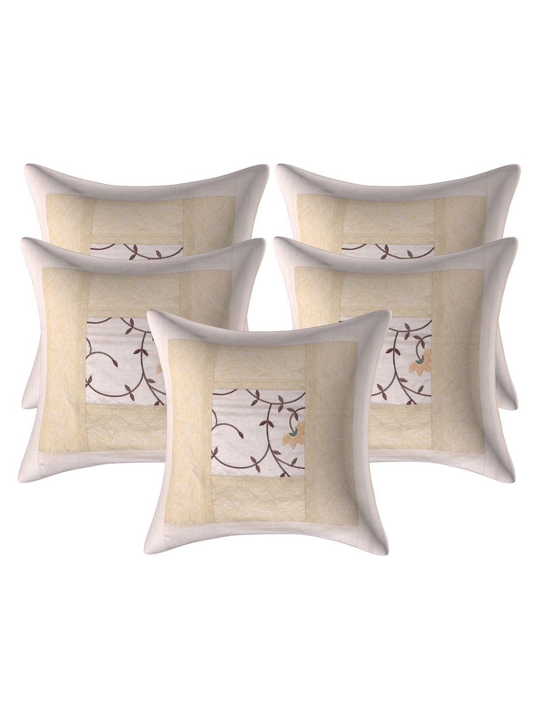 

INDHOME LIFE White & Cream-Coloured Set of 5 Floral Square Cushion Covers