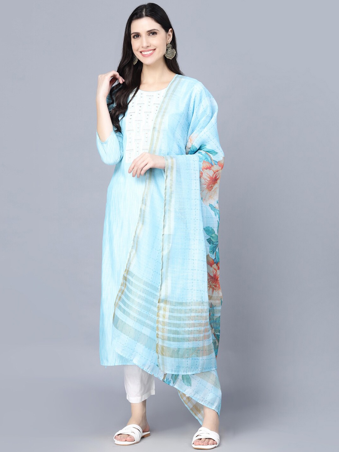 

Myshka Women Turquoise Blue Pure Cotton Kurta with Trousers & With Dupatta