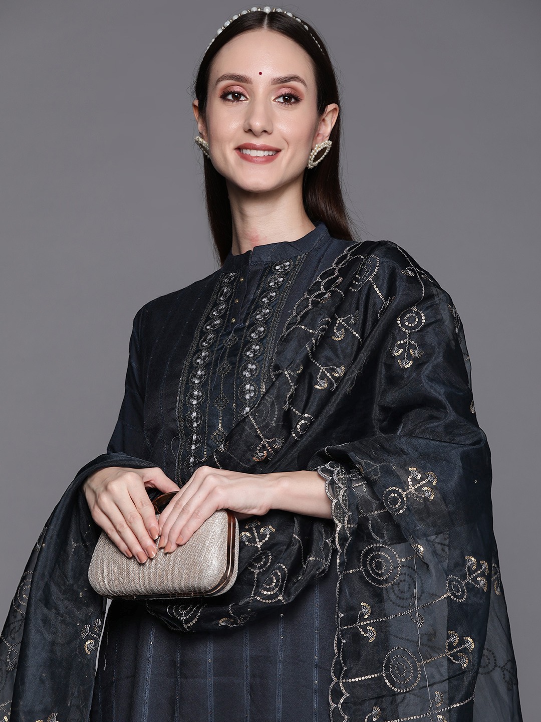 

Indo Era Women Navy Blue Embroidered Sequined Kurta with Trousers & Dupatta