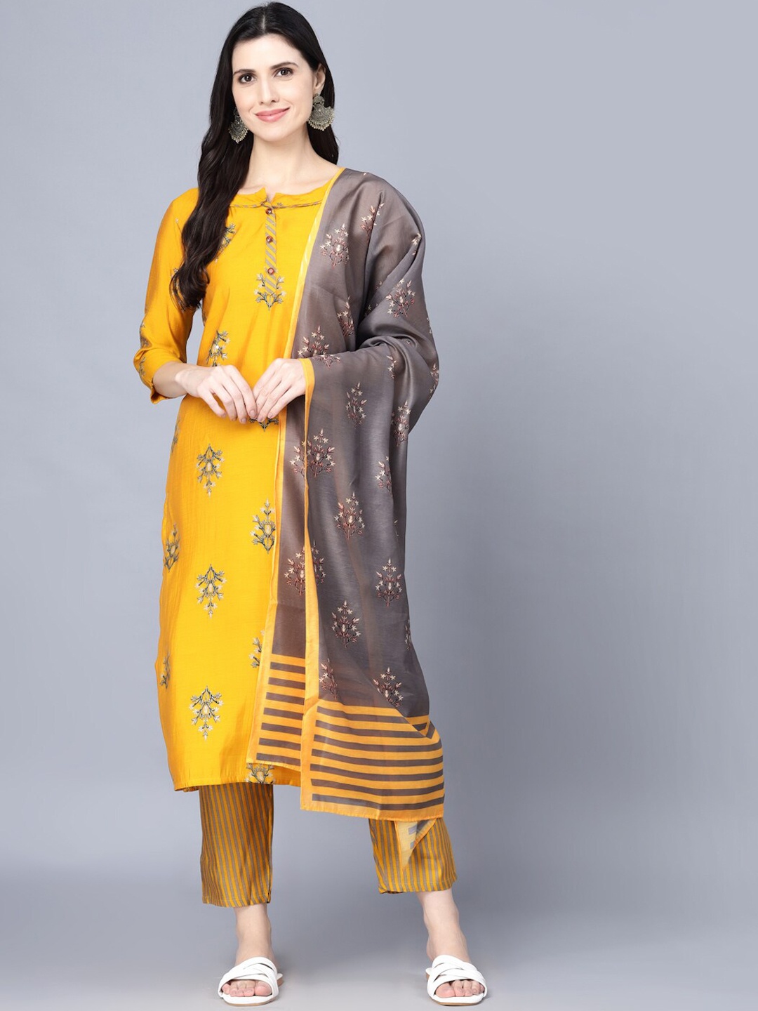 

Myshka Women Mustard Yellow Floral Printed Kurta with Trousers & With Dupatta