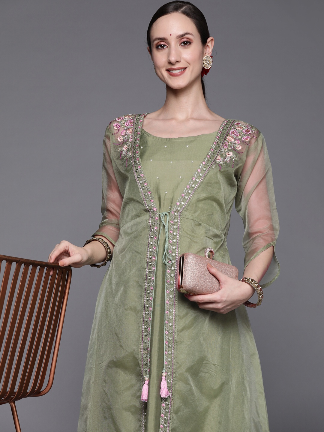 

Indo Era Women Green Floral Embroidered Empire Thread Work Kurta with Trousers