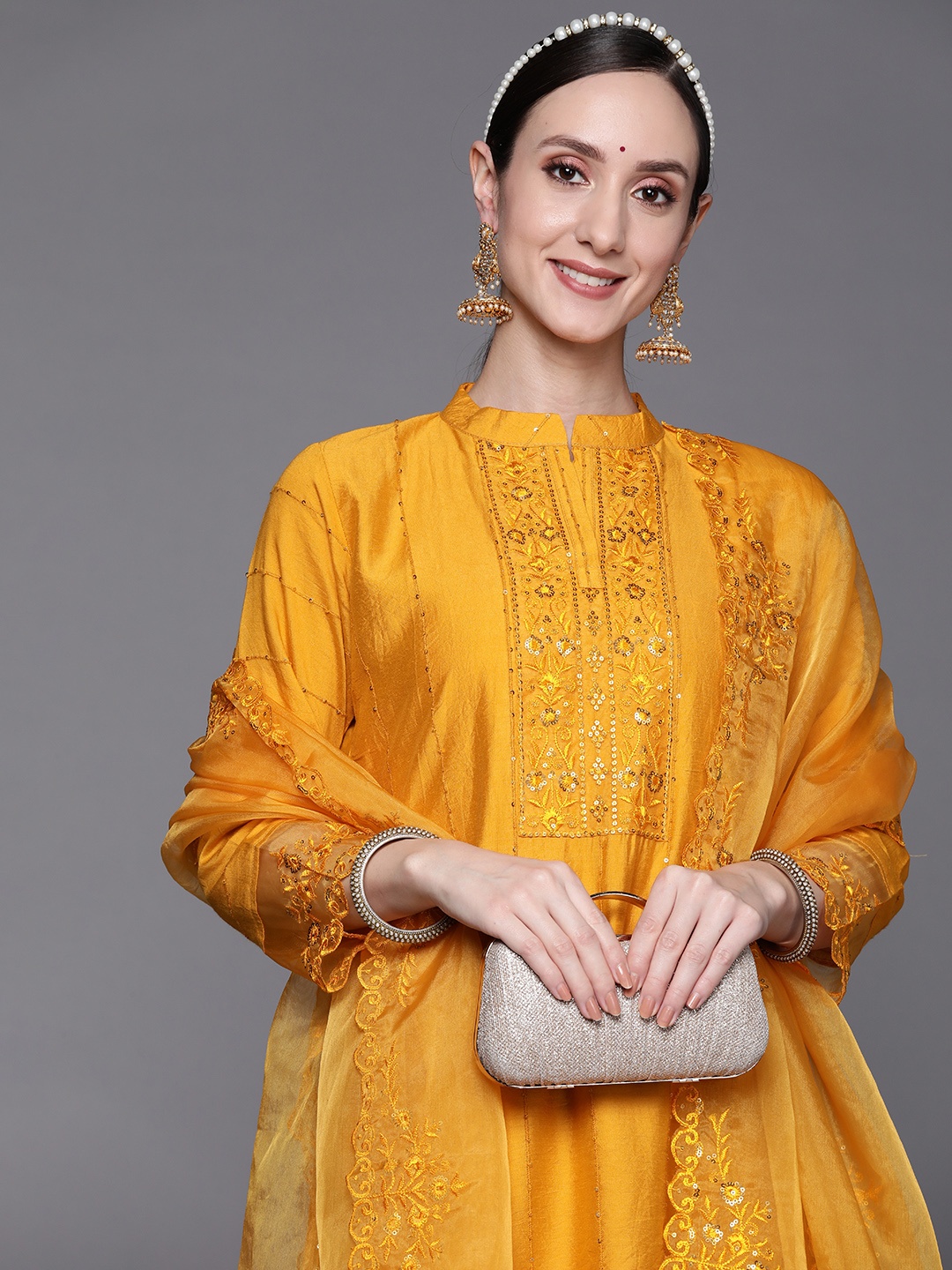 

Indo Era Women Mustard Yellow Yoke Design Sequinned Kurta with Trousers & Dupatta
