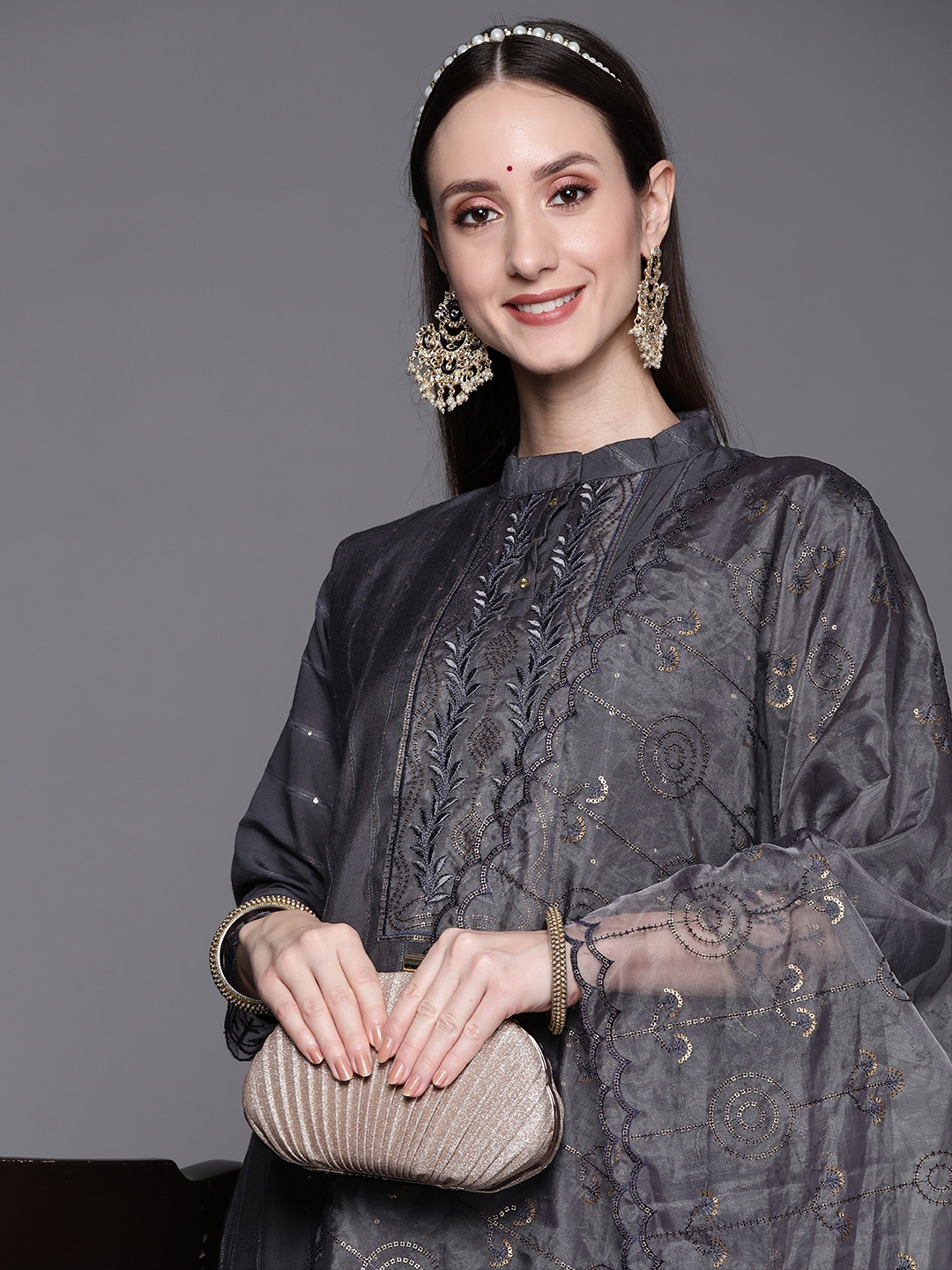 

Indo Era Women Charcoal Grey Embroidered Sequinned Kurta with Trousers & Dupatta