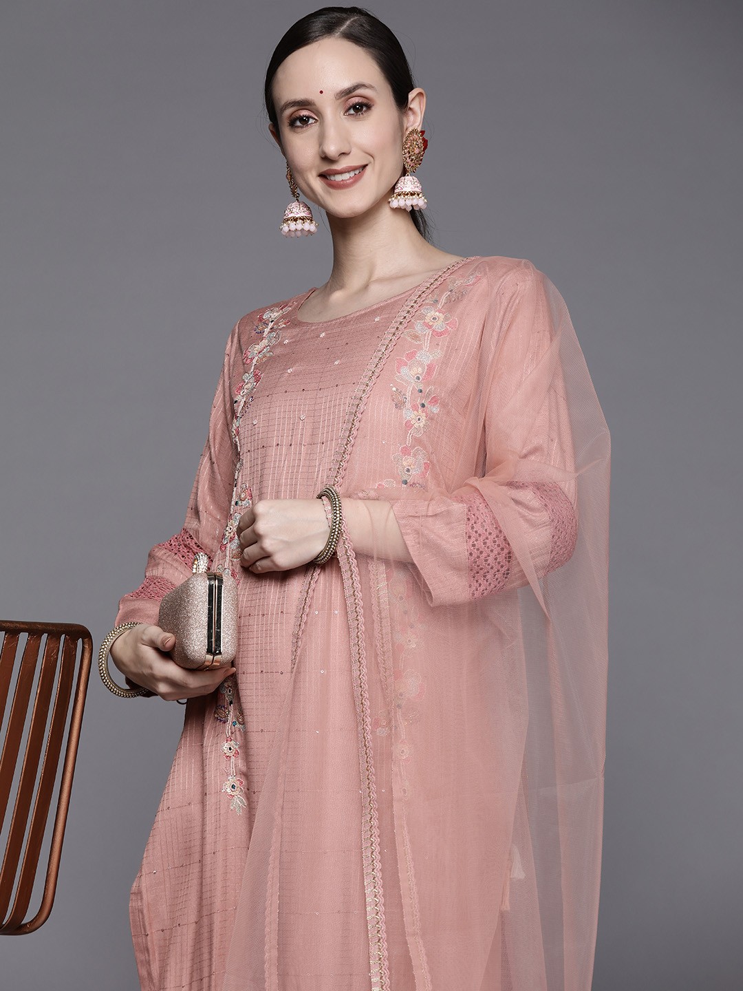 

Indo Era Women Pink Floral Embroidered Thread Work Kurta with Trousers & With Dupatta