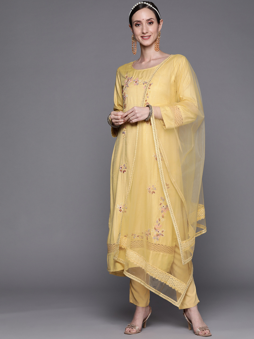 

Indo Era Women Yellow Embroidered Thread Work Kurta with Trousers & Dupatta