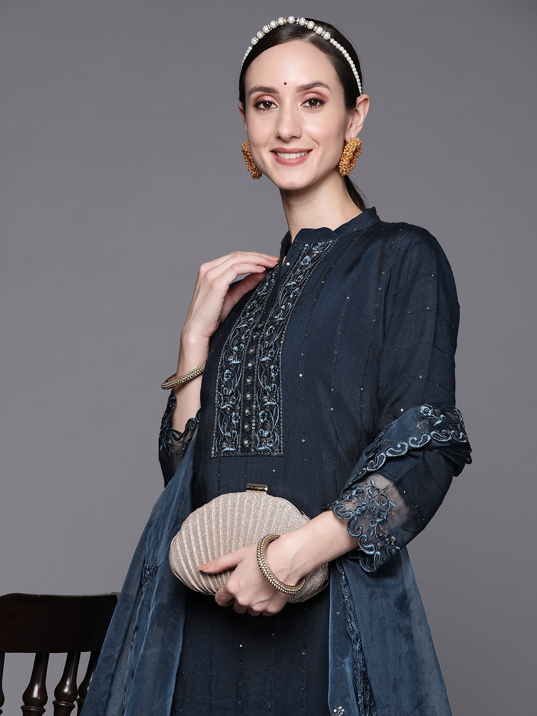 

Indo Era Women Navy Blue Embroidered Sequinned Kurta with Trousers & Dupatta