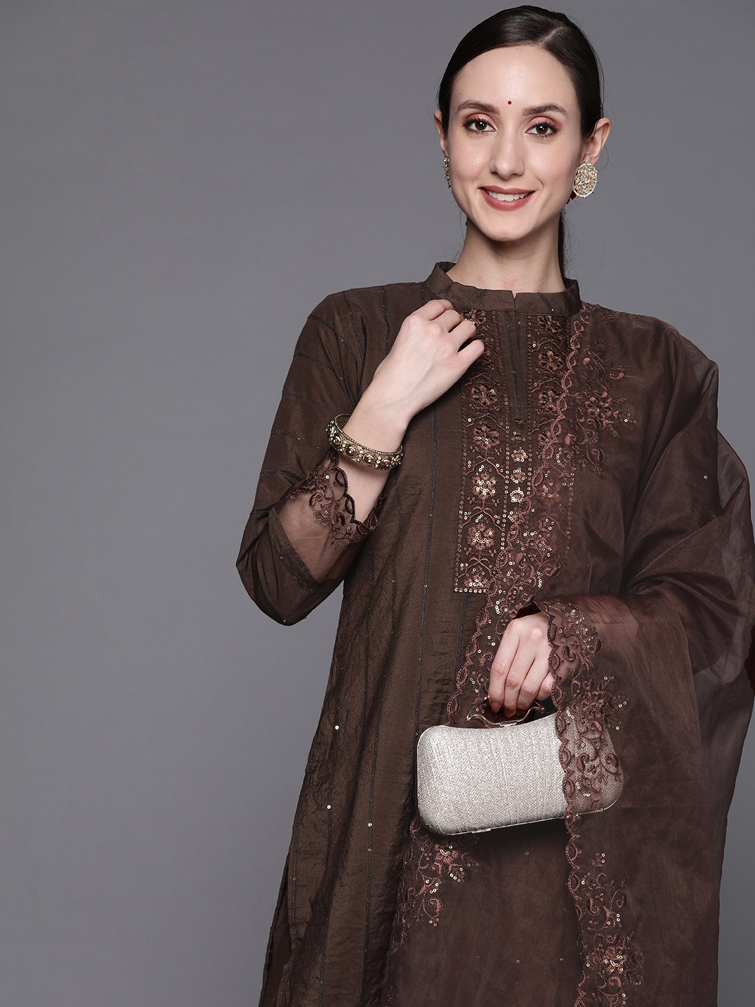 

Indo Era Women Coffee Brown Floral Embroidered Sequinned Kurta with Trousers & With Dupatta