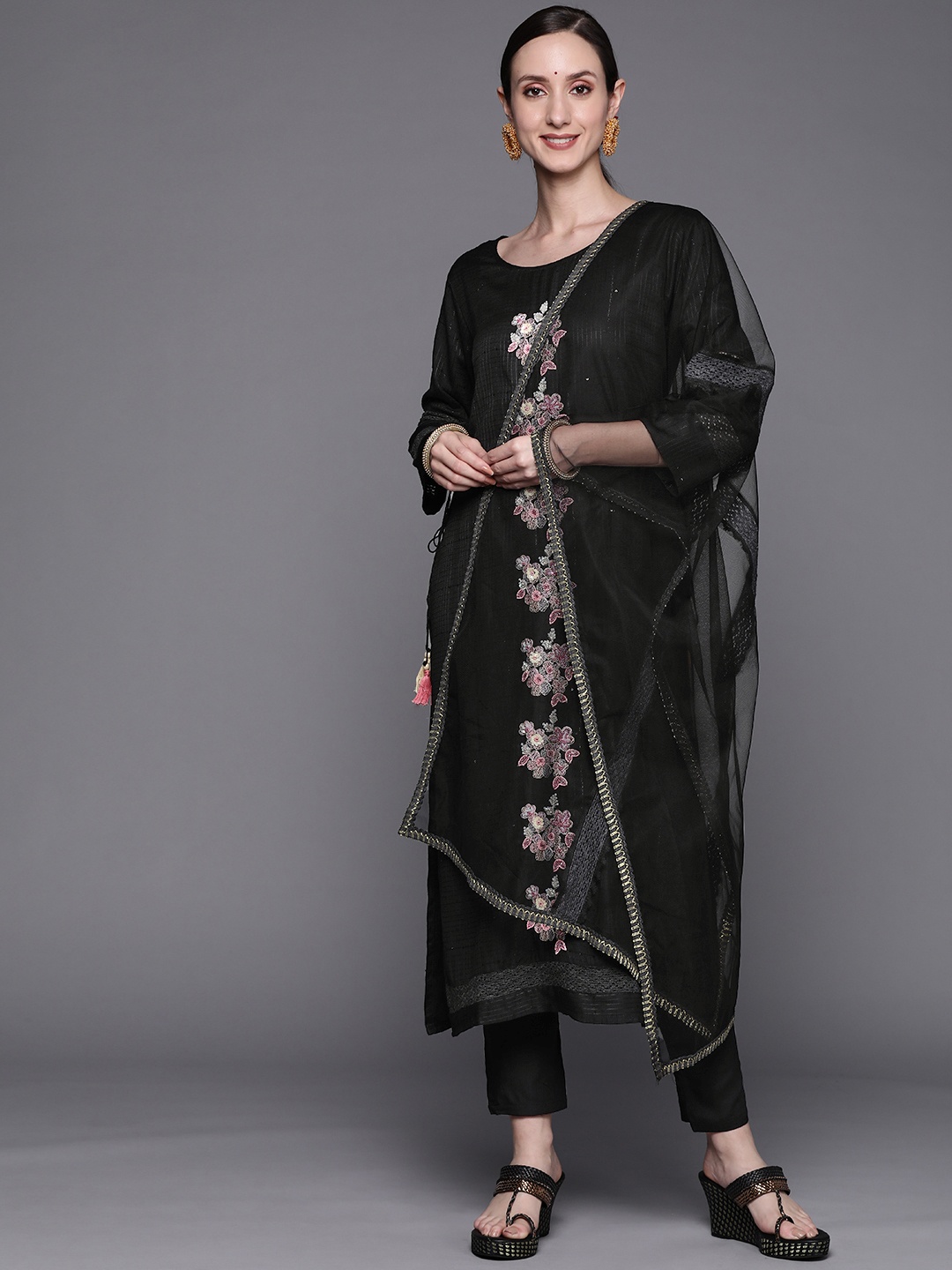 

Indo Era Women Black Embroidered Thread Work Kurta with Trousers & With Dupatta