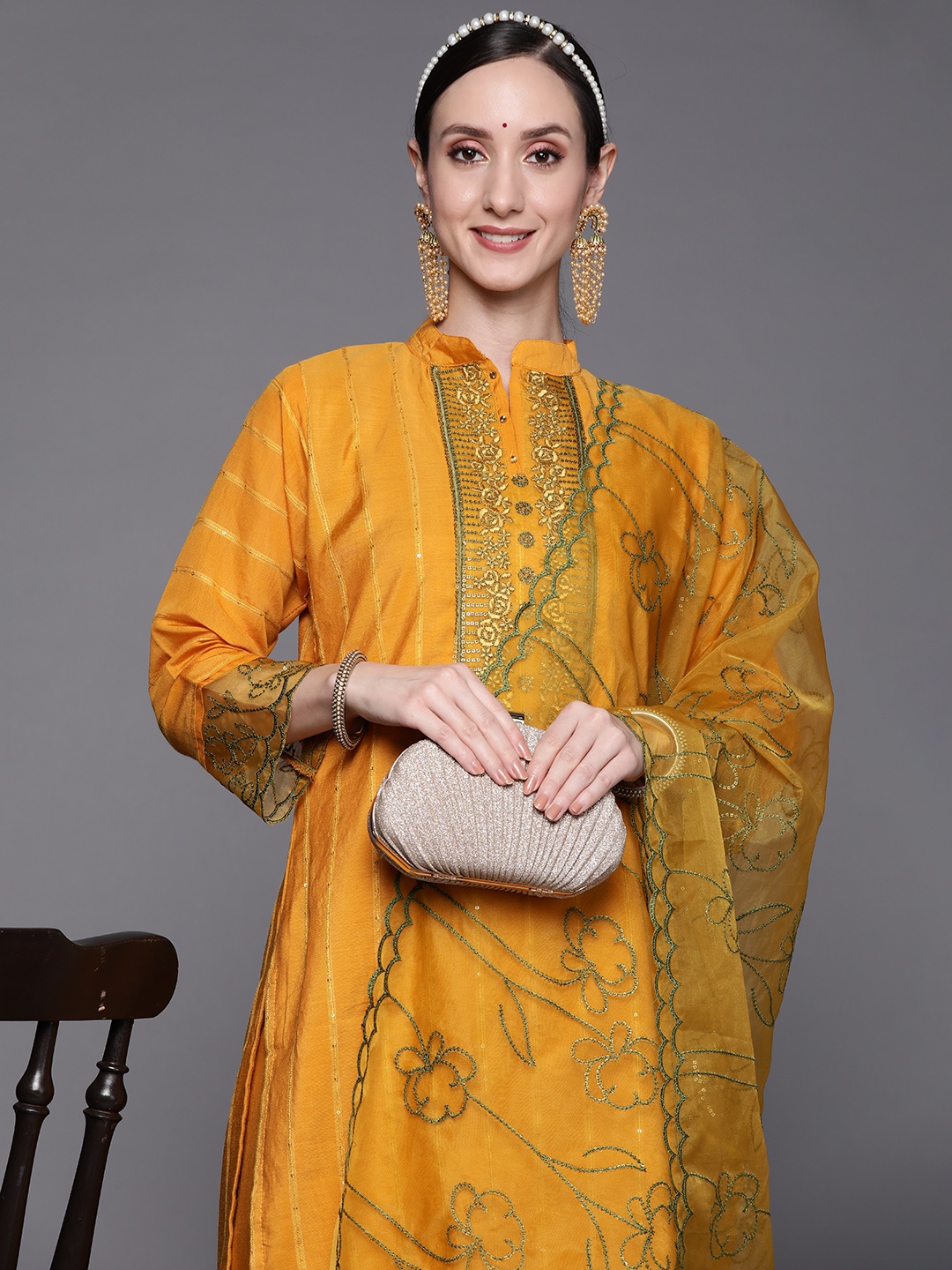 

Indo Era Women Mustard Yellow Embroidered Sequinned Kurta with Trousers & Dupatta