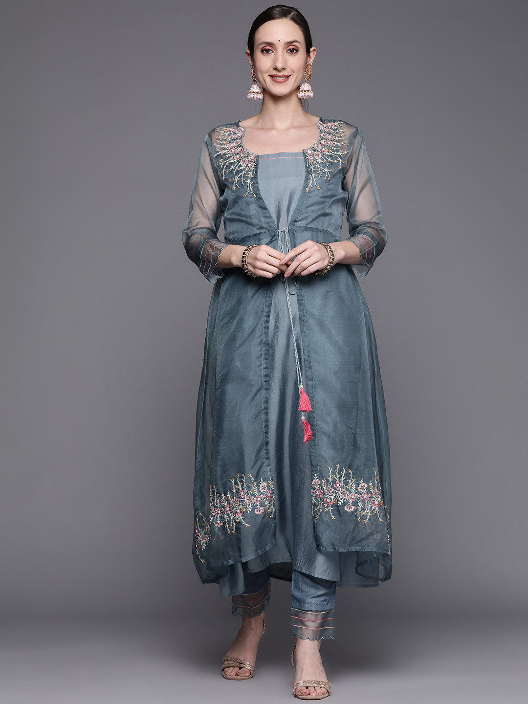 

Indo Era Women Grey Floral Embroidered Empire Thread Work Kurta with Trousers & Jacket