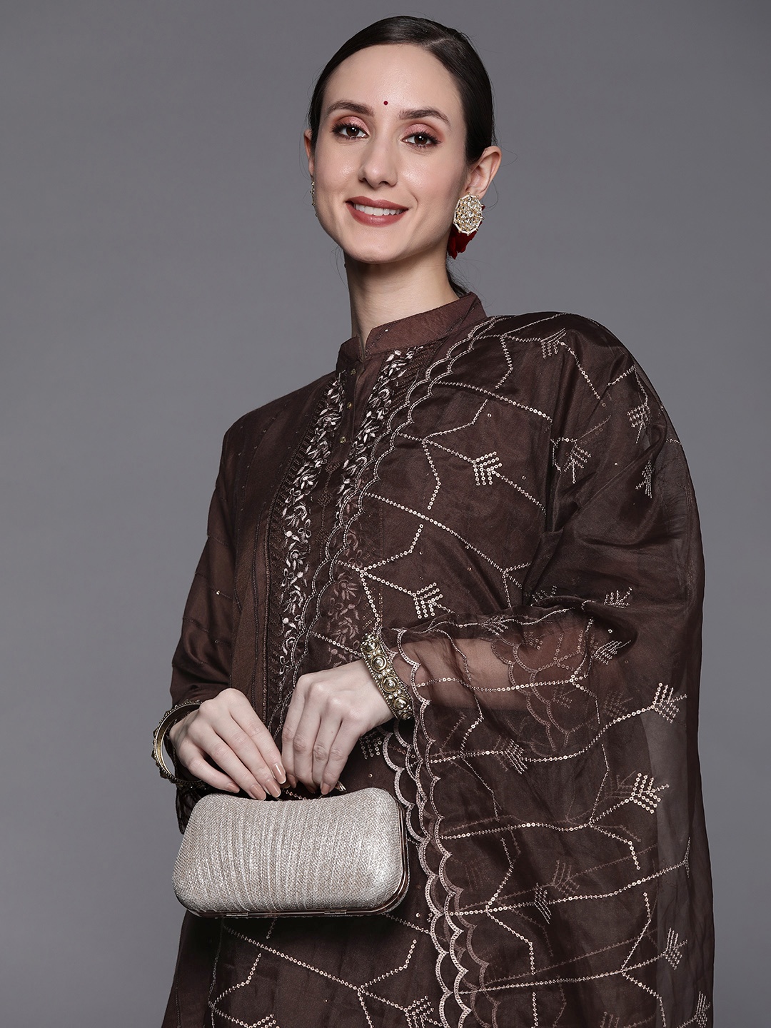 

Indo Era Women Coffee Brown Ethnic Motifs Embroidered Sequinned Kurta with Trousers & With Dupatta