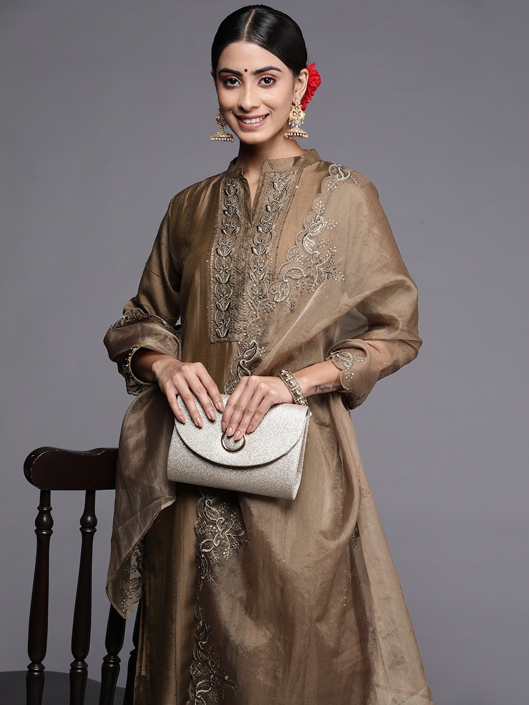 

Indo Era Women Brown Floral Embroidered Sequinned Kurta with Trousers & With Dupatta