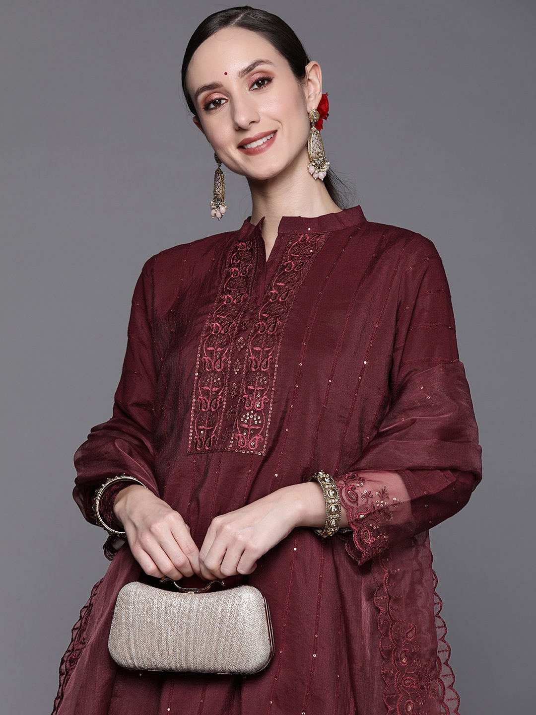 

Indo Era Women Maroon Embroidered Sequinned Kurta with Trousers & Dupatta
