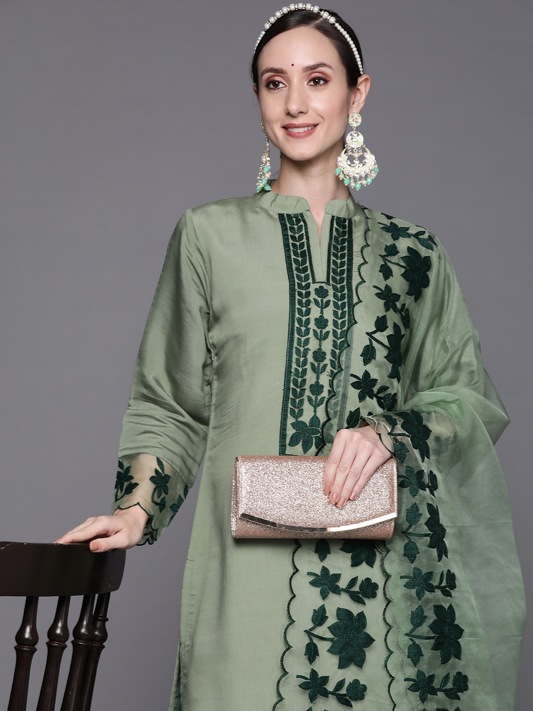 

Indo Era Women Green Embroidered Thread Work Kurta with Trousers & Dupatta