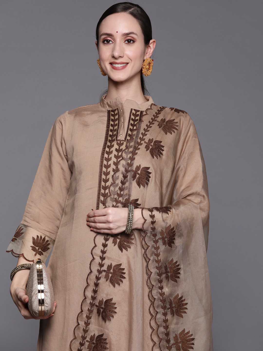 

Indo Era Women Beige Embroidered Thread Work Kurta with Trousers & With Dupatta