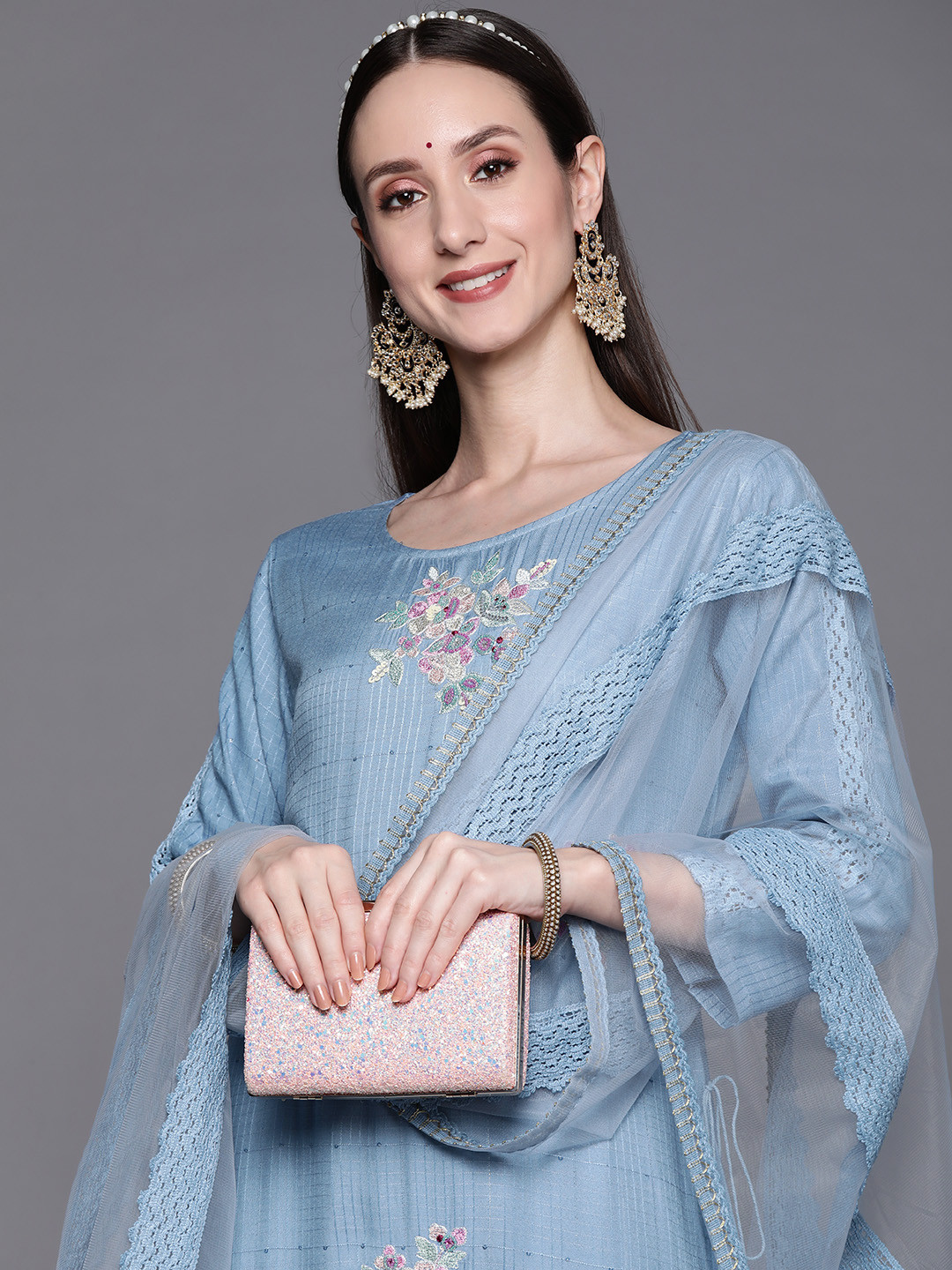 

Indo Era Women Blue Embroidered & Sequined Kurta with Trousers & Dupatta