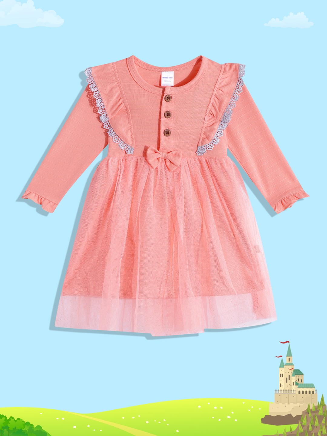 

Moms Love Infant Girls Coral Pink & Grey Self Striped Net Bow Cotton Fit & Flare Dress