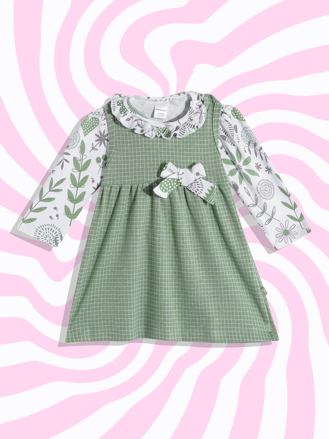 

Moms Love Infant Girls Green & White Pure Cotton Checked Pinafore Dress with T-shirt