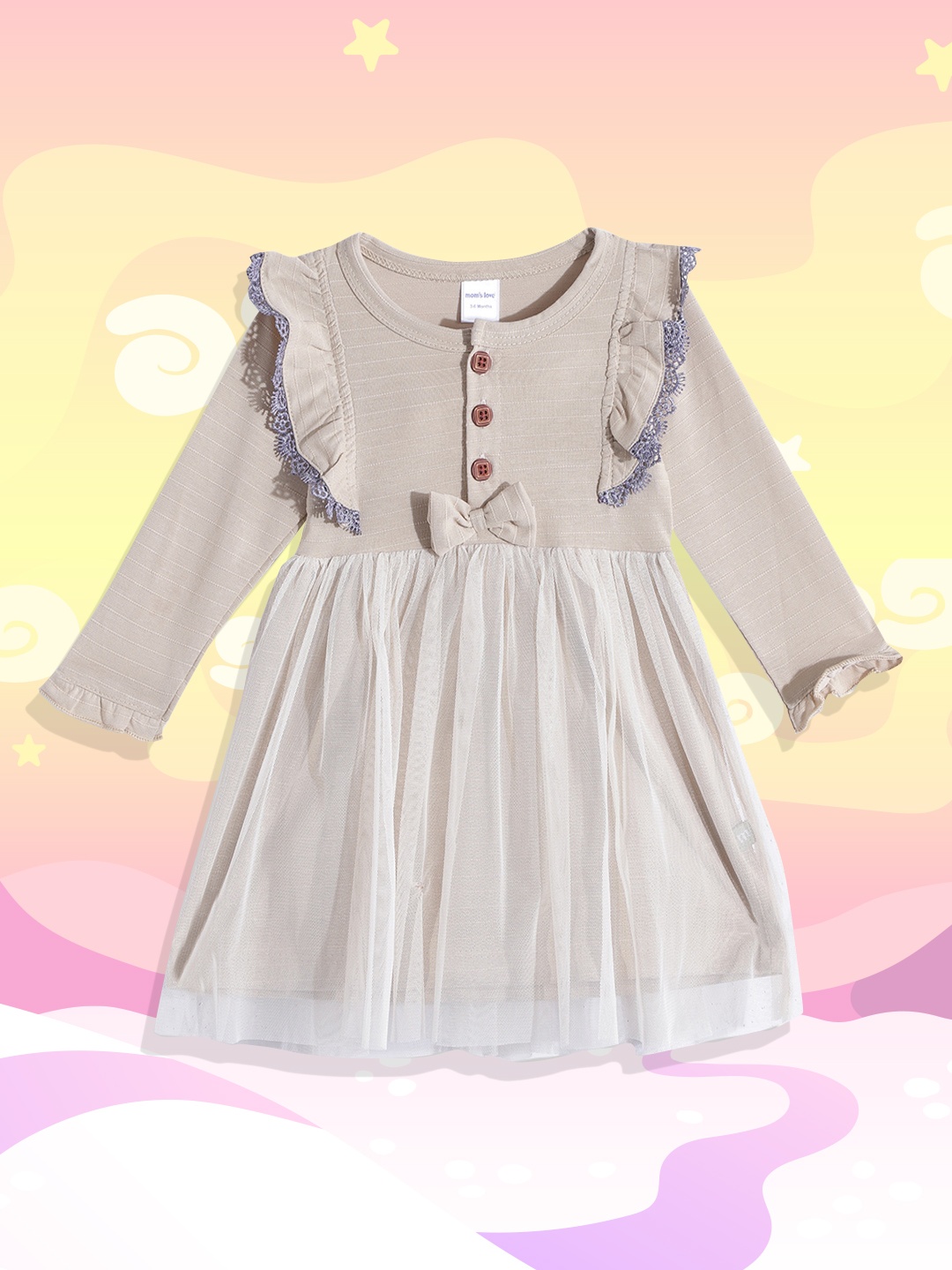 

Moms Love Infant Girls Beige & Grey Self Striped Net Bow Cotton Fit & Flare Dress