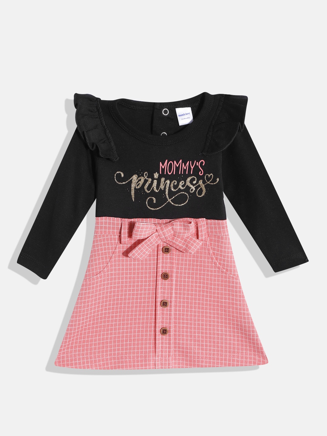

Moms Love Infant Girls Black & Pink Cotton Typography Print Bow Ruffles A-Line Dress