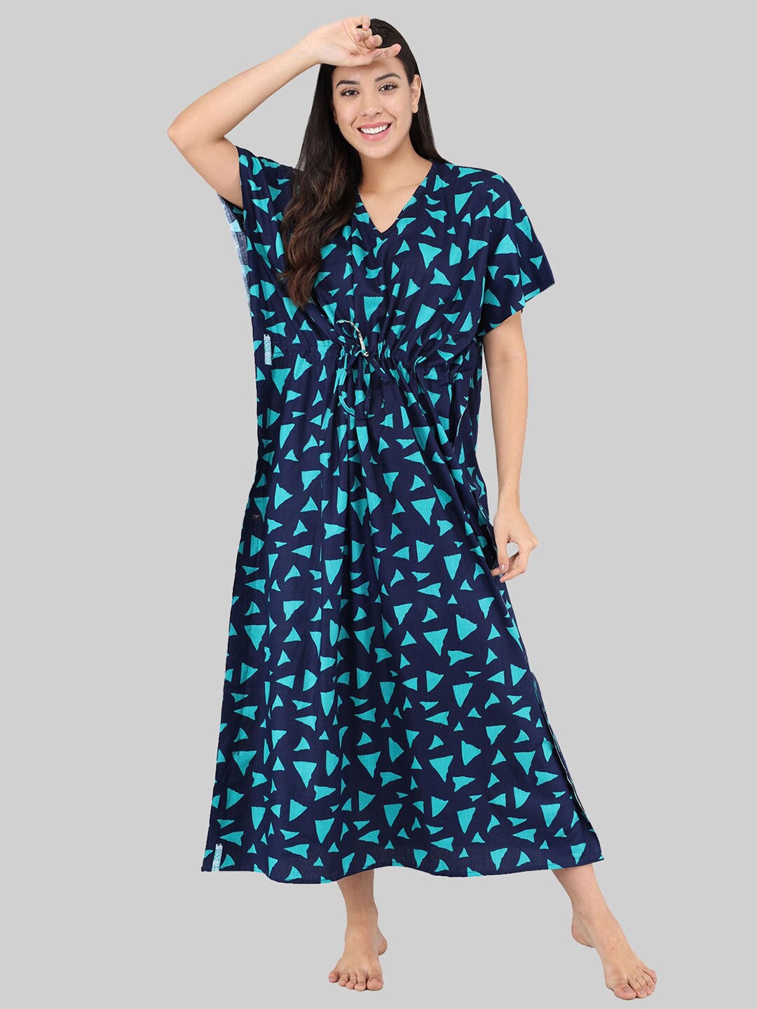 

Shararat Women Blue Printed Maxi Kaftan Nightdress