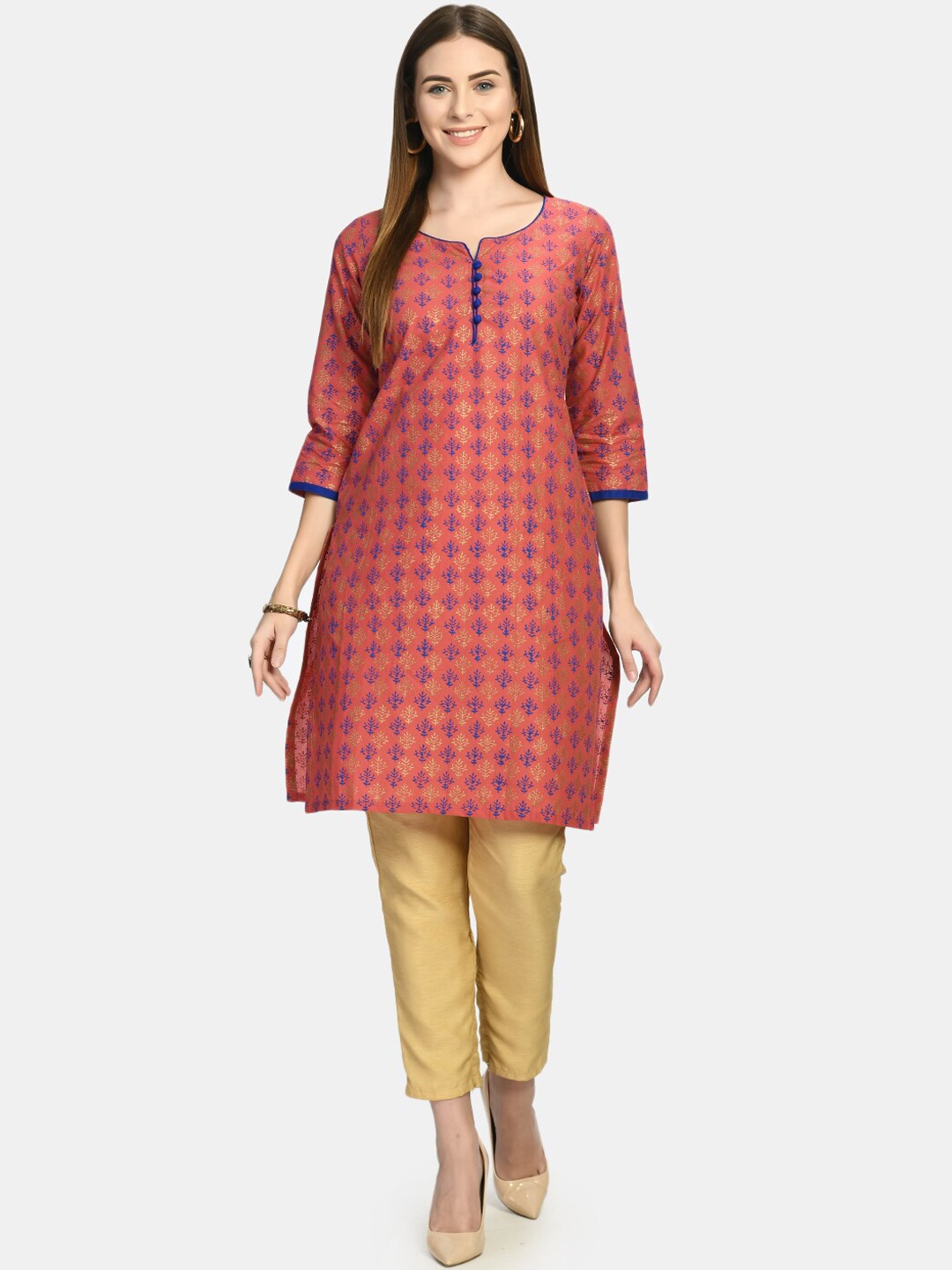 

RIYA Women Coral Ethnic Motifs Block Printed Kurta