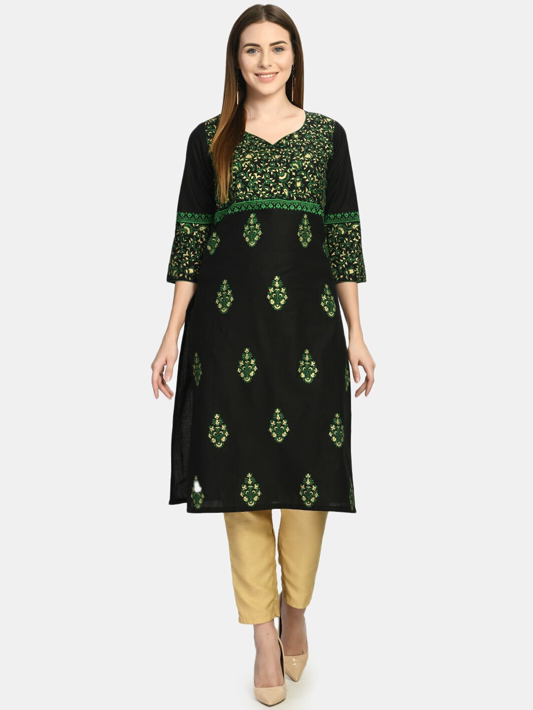 

RIYA Women Black & Green Ethnic Motifs Block Printed Kurta