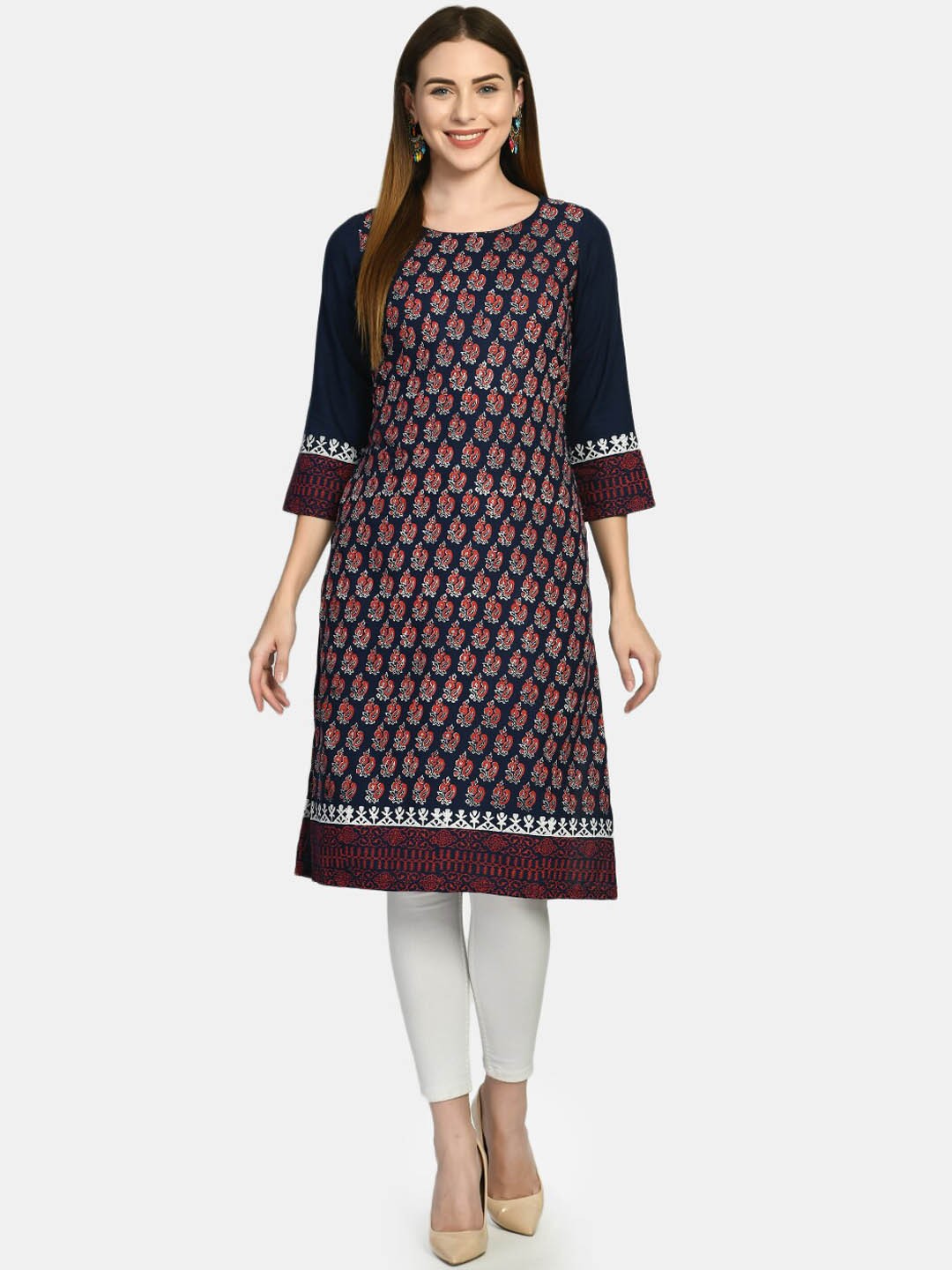 

RIYA Women Blue Ethnic Motifs Flared Sleeves Block Print Kurta