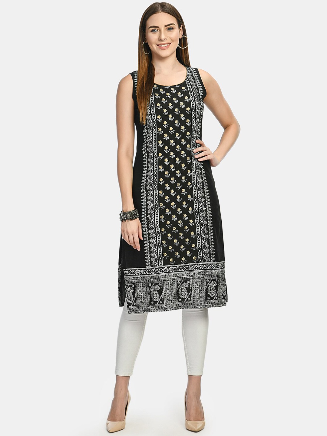 

RIYA Women Black Floral Embroidered Thread Work Block Print Kurta