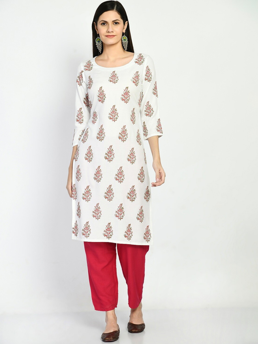 

RIYA Women White Ethnic Motifs Printed Flared Sleeves Gotta Patti Block Print Kurta