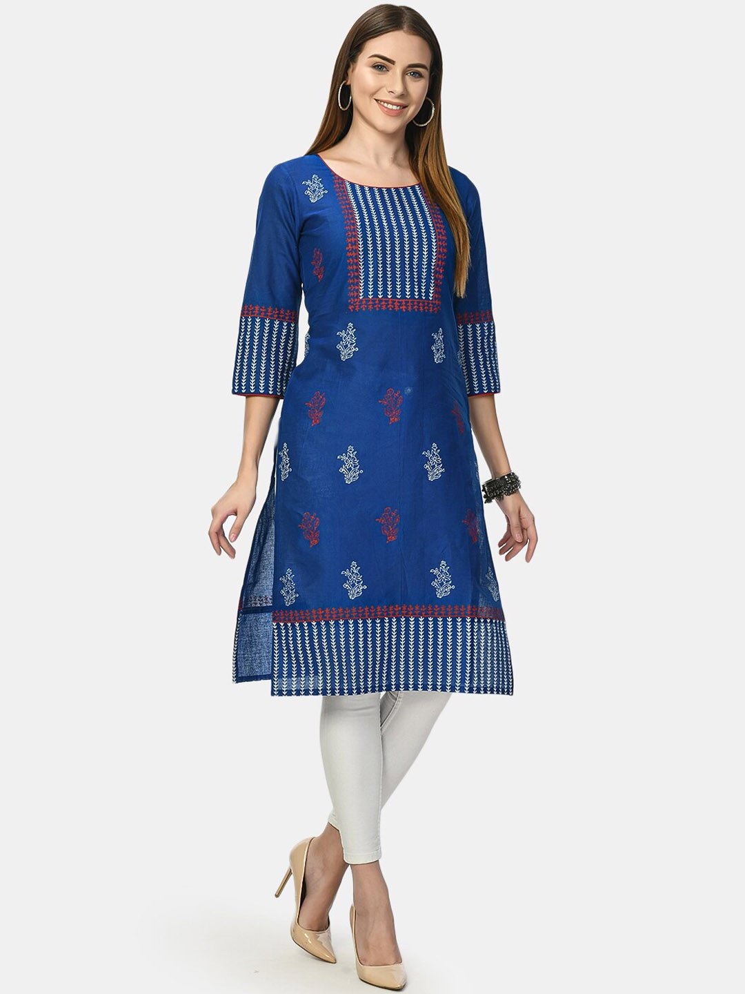 

RIYA Women Blue & White Floral Yoke Design Block Print Kurta