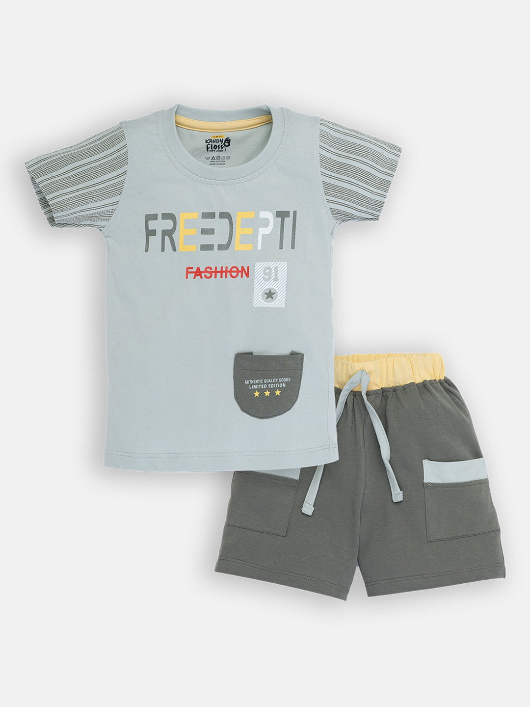 

AMUL Kandyfloss Boys Grey & Yellow T-shirt with Shorts