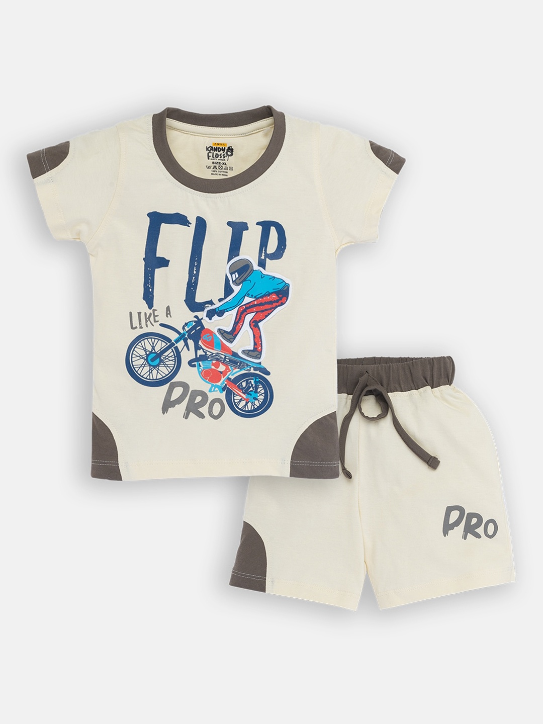 

AMUL Kandyfloss Boys Beige & Blue Printed Cotton T-shirt with Shorts