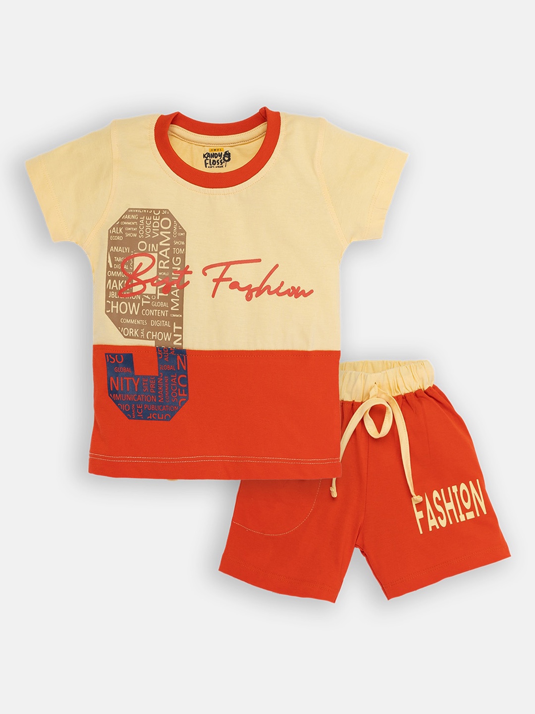 

AMUL Kandyfloss Boys Red & Beige Color Blocked Clothing Set