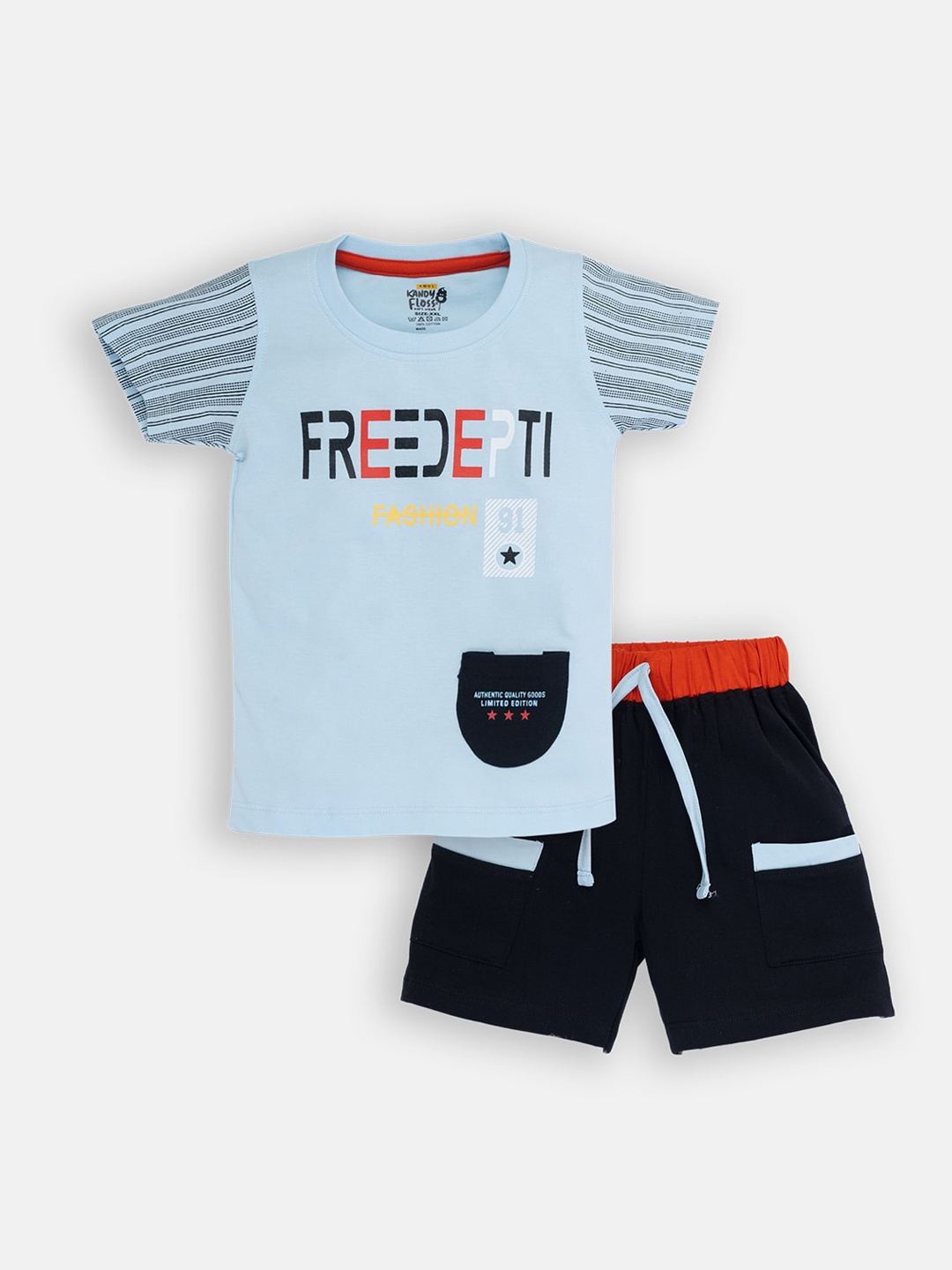 

AMUL Kandyfloss Boys Black & Blue Printed Pure Cotton T-shirt With Shorts